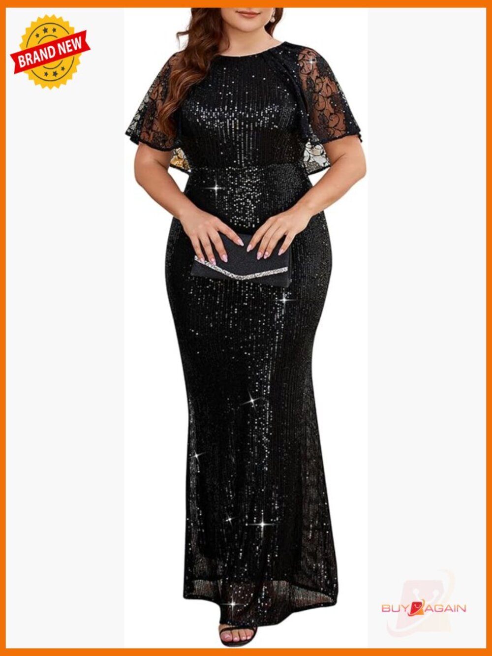 Sequin Plus Size Mesh Short Sleeve Mermaid Maxi Evening Dress